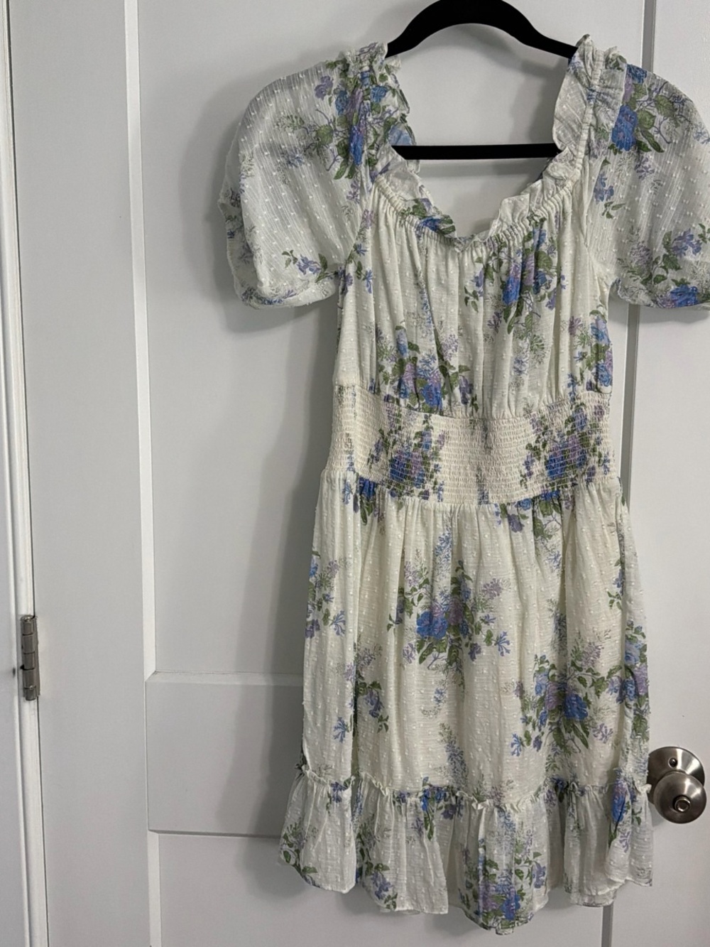 LoveShackFancy Cream Mini Dress with Blue & Green Floral Print